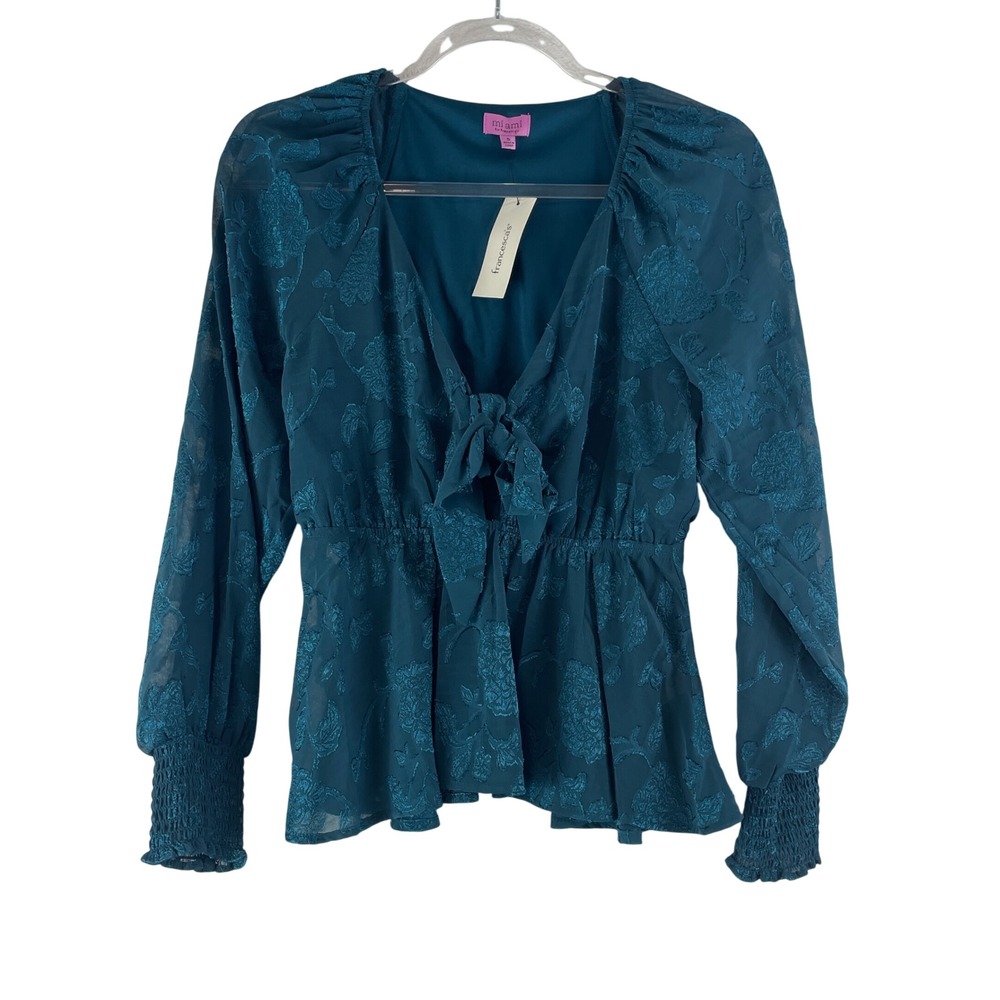 Mi Ami Francesca's Tie Front Blouse Women S Teal Floral Burnout Peplum Smocked